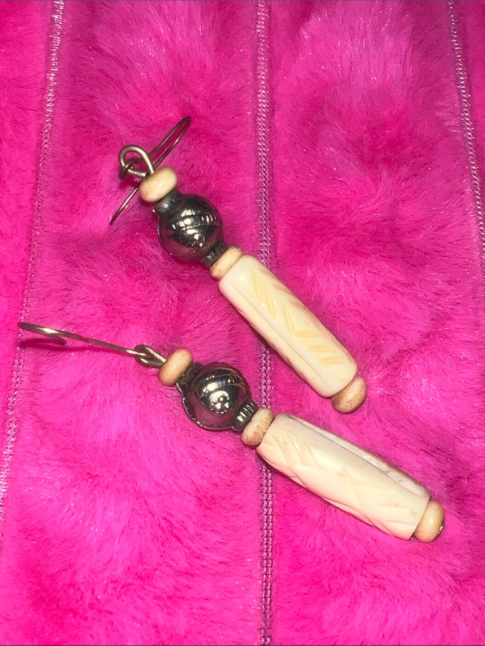Hand made bone Carved Cream Bead Drop Earrings